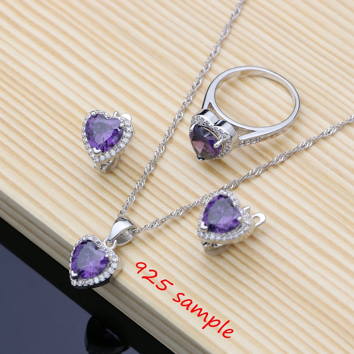 Romantic Heart Shaped Silver 925 Jewelry Sets for Women Purple Amethyst Earrings Rings Confession Girl Necklace Set Dropshipping