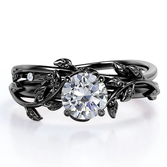0.50 Carat round Shape - Tree Leaves Design Wedding Set - Nature Inspired Bridal Ring - 18K Black Gold Plating over Silver