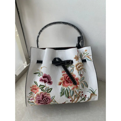 Chinese Style Embroidery Women Shoulder Bag for Ladies Handbags Leather Women'S Luxury Designer Handbag White Big Bags