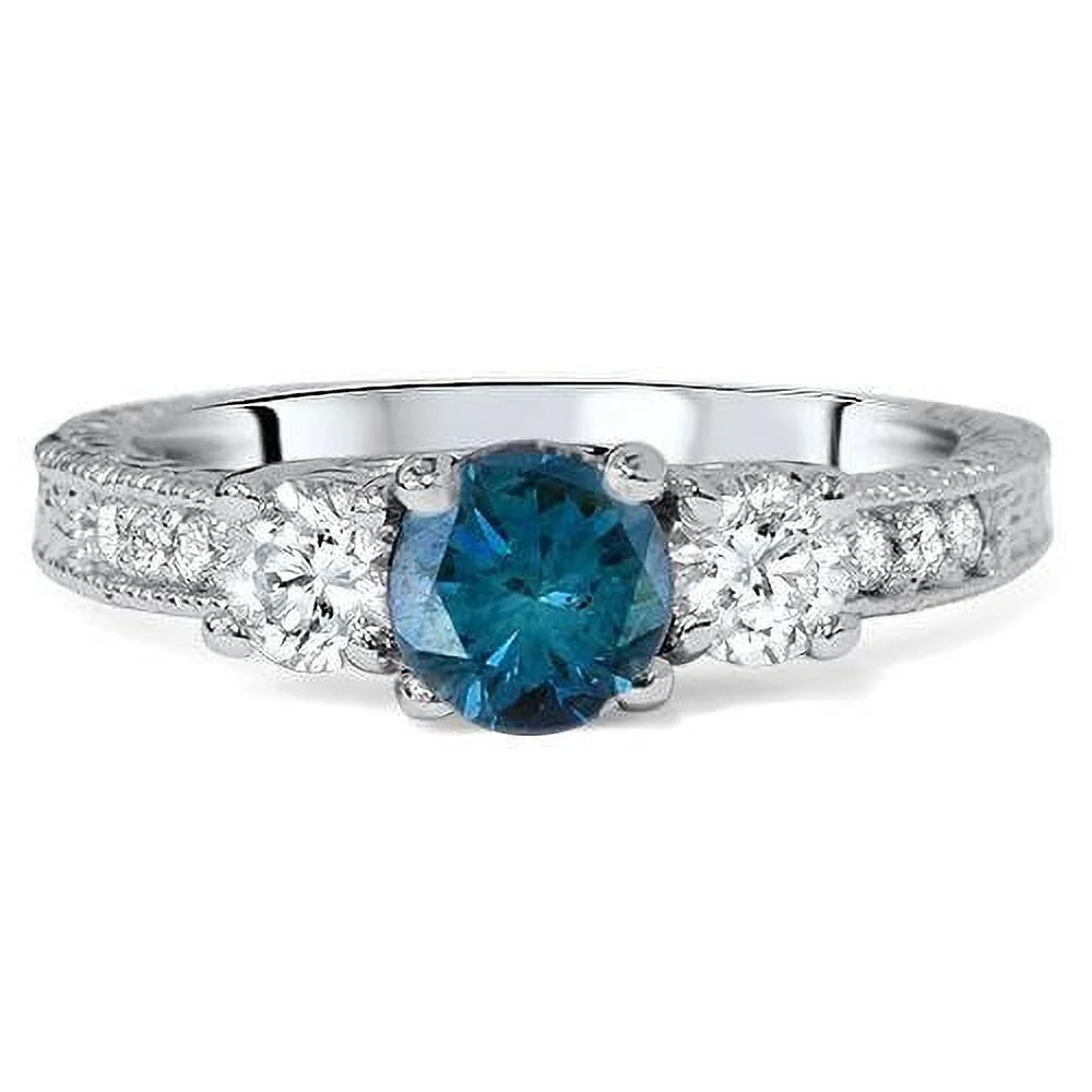 Pompeii 1Ct Vintage Blue Diamond 3-Stone Engagement Ring 14K White Gold (G/H,I1-I2)