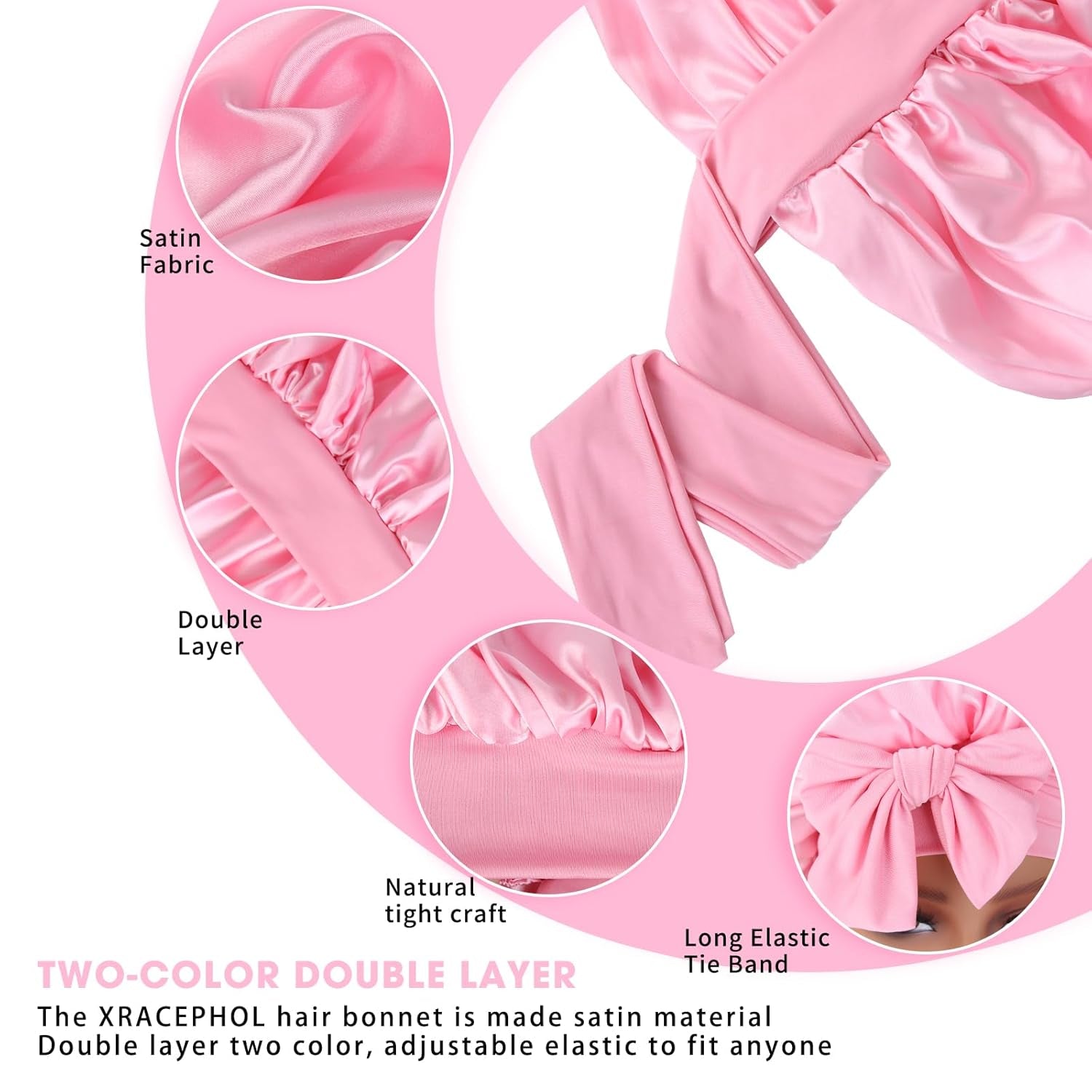 Silk Double Layer Satin Hair Bonnet with Elastic Tie Band for Curly Hair - Adjustable, Pink