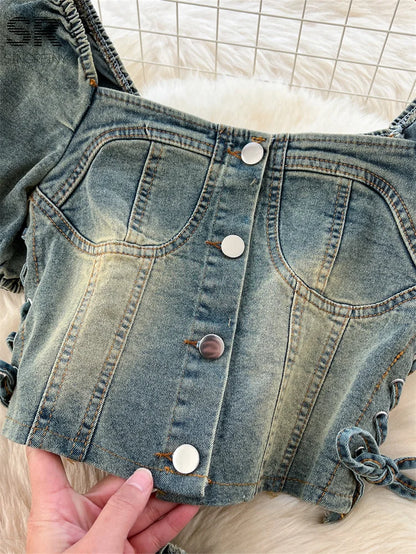 SINGREINY Women's Summer Denim 2-Piece Set - Lace-Up Square Collar Top & Slim Long Pants for Trendy Streetwear - Alrickas’ UNIQUE BOUTIQUE