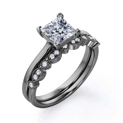 4 Prong Set - 1.50 Carat Princess Cut - Milgrain and Filigree - Wedding Set - 18K Black Gold Plating over Silver (CUSTOMIZE YOUR WEDDING RING BAND)