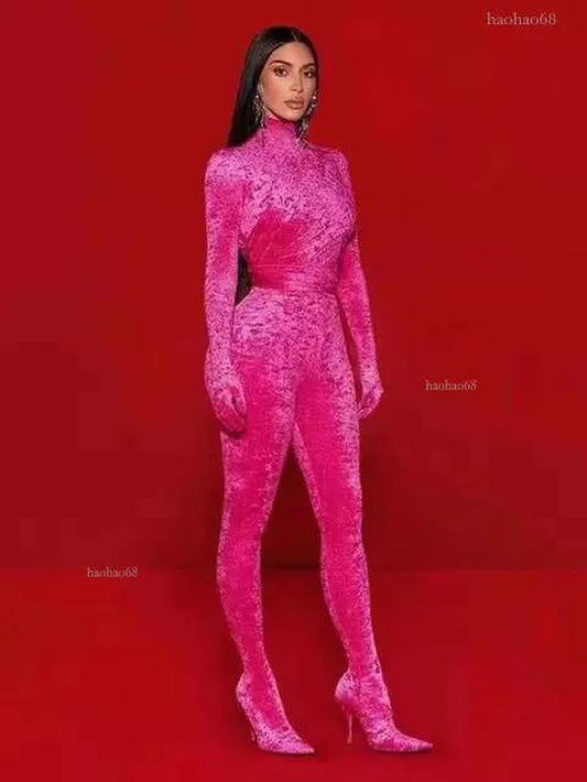 Women S Jumpsuits Rompers Celebrity Fashion Jumpsuit Rosered Color Velvet Women Long Sleeve Sexy Bodycon Full Length Red Carpet Wear 231005