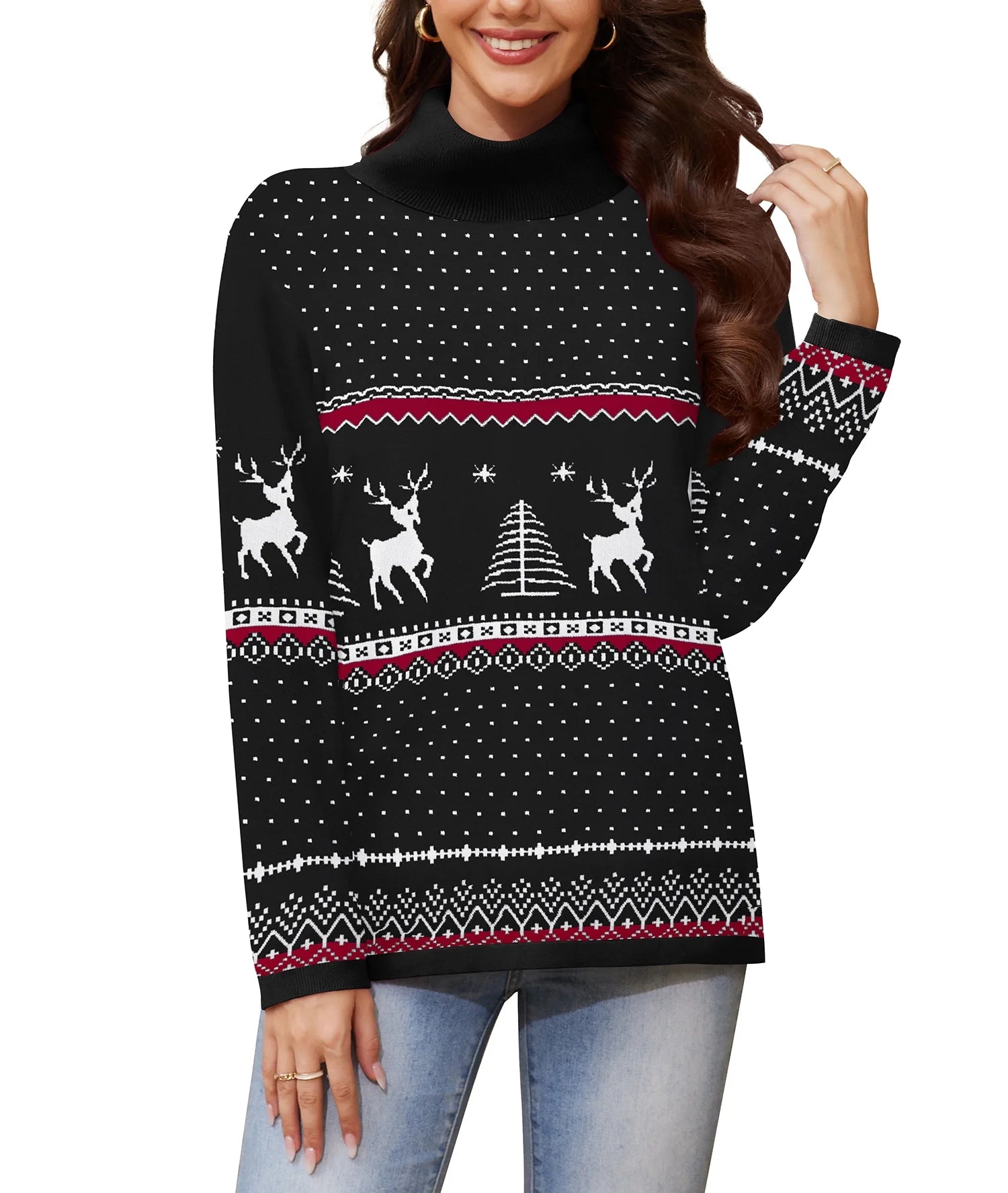 Women'S Turtleneck Sweater Long Sleeve Cozy Warm Casual Lightweight Soft Pullover Jumper Tops,Us Size,Christmas Elk Black,L