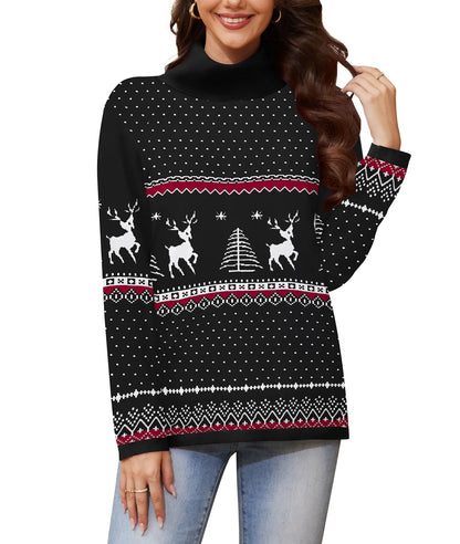 Women'S Turtleneck Sweater Long Sleeve Cozy Warm Casual Lightweight Soft Pullover Jumper Tops,Us Size,Christmas Elk Black,L