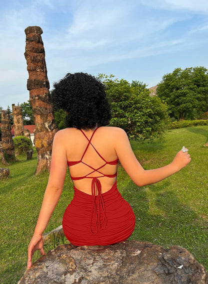 Women'S Sexy Backless Spaghetti Strap Sleeveless Ruched Bodycon Mini Club Dress