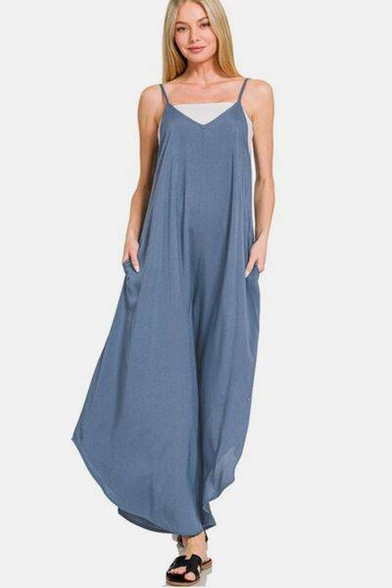 Zenana Wide Leg Overalls with Pockets - Spaghetti Strap Design