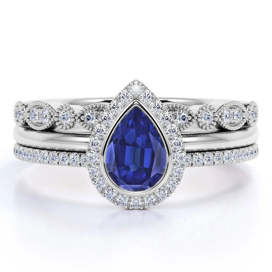 1.5 Carat Pear Shaped Antique Cornflower Lab Created Blue Sapphire Wedding Trio Ring Set in 18K White Gold over Silver