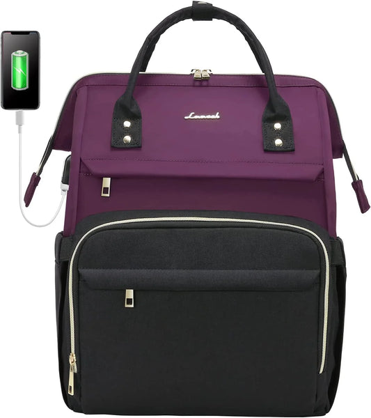 Laptop Bag 15.6",Women Work Computer Bag Teacher Nurse Backpack Purse with Usb,Waterproof Travel Backpack College Bookbag(Dark Purple-Black)
