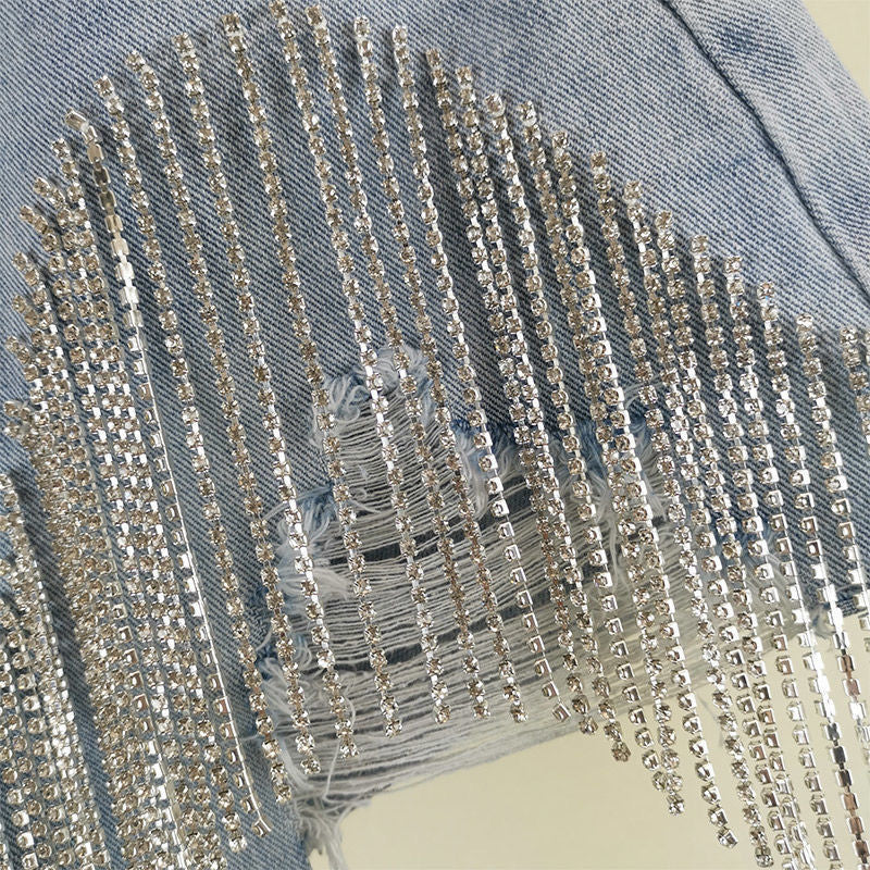 Fringed Chain Jeans Women's High Waist Slim Se Xy Shorts European And American Style Heavy Industry Beading Tide