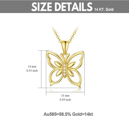 14K Solid Gold Diamond Butterfly Necklace, Genuine Natural Diamonds Delicate Yellow Gold Butterfly Pendant Jewelry Gift for Women Girls 16+2 Inch