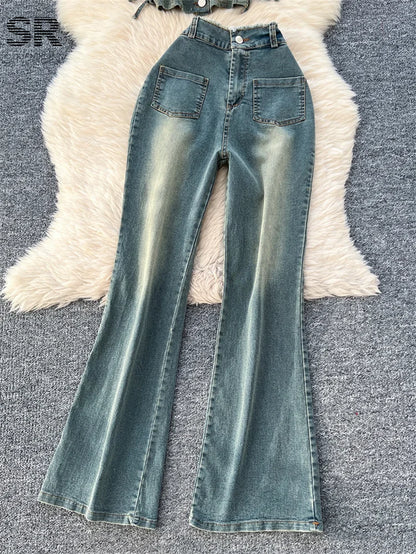 SINGREINY Women's Summer Denim 2-Piece Set - Lace-Up Square Collar Top & Slim Long Pants for Trendy Streetwear - Alrickas’ UNIQUE BOUTIQUE