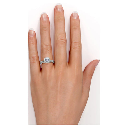 1.5 Carat Cushion Cut Moissanite and Diamond Halo Wedding Ring Set in 10K White Gold