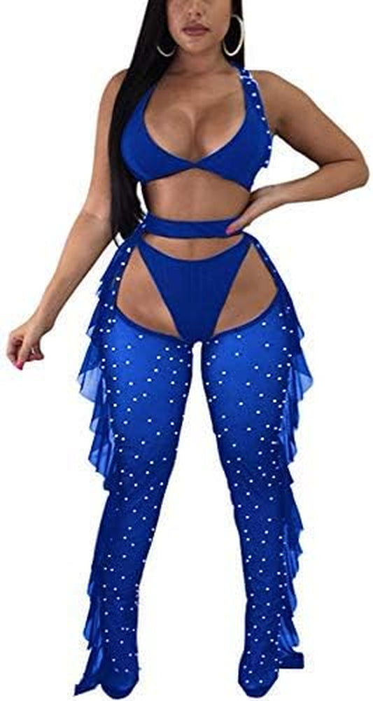 Women'S Sexy 2 Pieces Outfit See through Crop Top and Pants Sets Mesh Cover up Backless Jumpsuits Clubwear