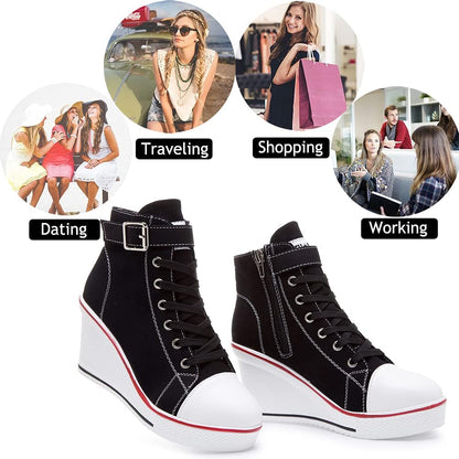 Stylish Wedge Heel Sneakers for Women - High Heel Canvas Shoes with Side Zipper & Lace-Up Design for College Students - Alrickas’ UNIQUE BOUTIQUE