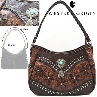 Western Handbag Concealed Carry Purse Feather Women Shoulder Bag Wallet Coffee