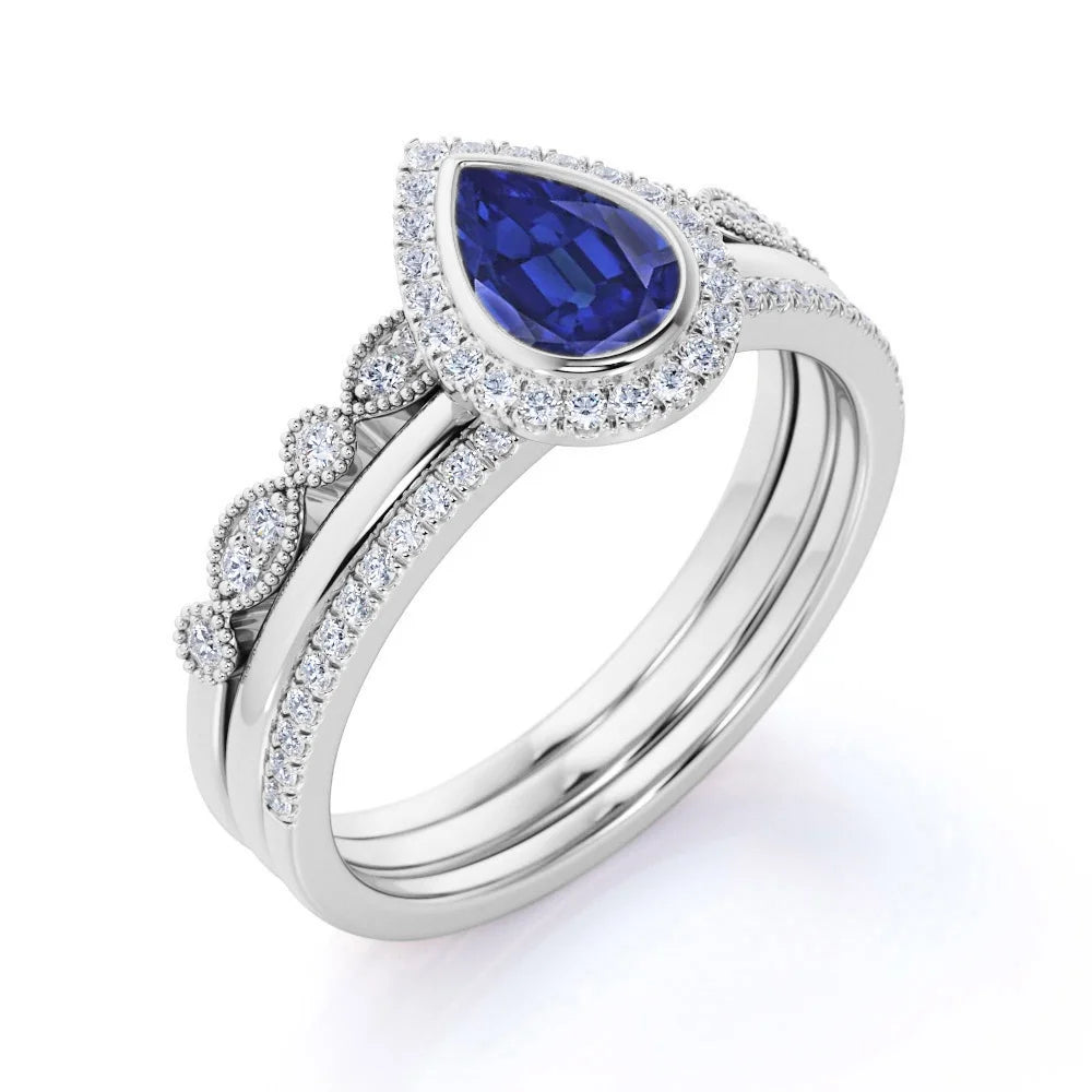 1.5 Carat Pear Shaped Antique Cornflower Lab Created Blue Sapphire Wedding Trio Ring Set in 18K White Gold over Silver