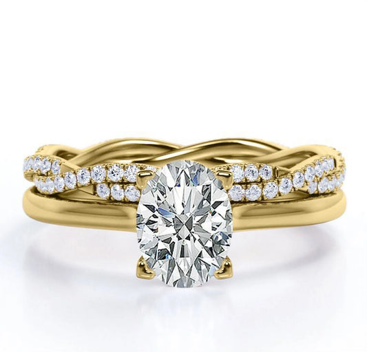 4 Prong Set - 1.75 Carat Oval Shape - Pave Twisted Shank Wedding Set - 18K Yellow Gold Plating over Silver (CUSTOMIZE YOUR WEDDING RING BAND)