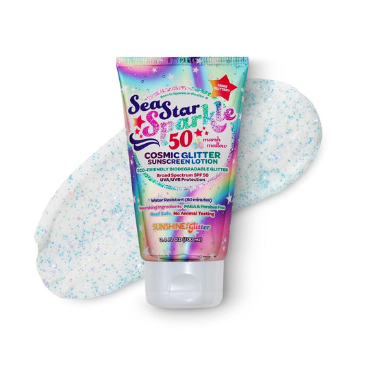 Seastar Sparkle - Cosmic Marshmallow Scented Glitter Sunscreen Lotion - SPF 50 - Biodegradable Sunscreen, Kids, Water Resistant, Glitter Lotion, Cruelty Free, Kids Lotion, Made in USA, 3.4Oz