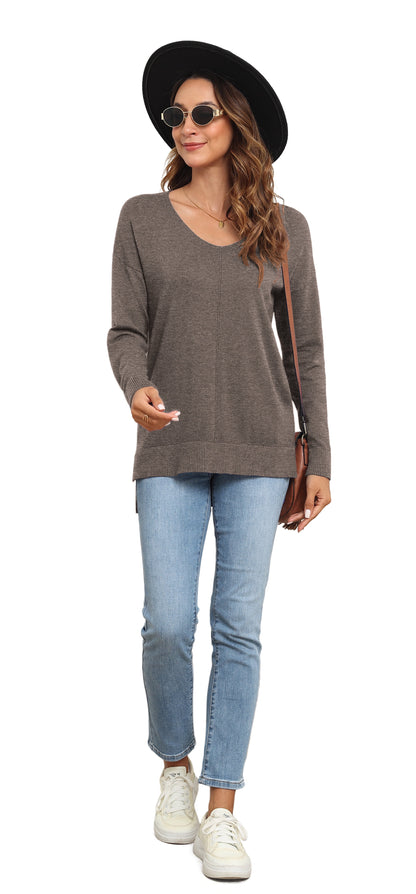 V Neck Sweaters for Women Fall Lightweight Knit Pullover Sweater Tops,Us Size S-2XL in Brown