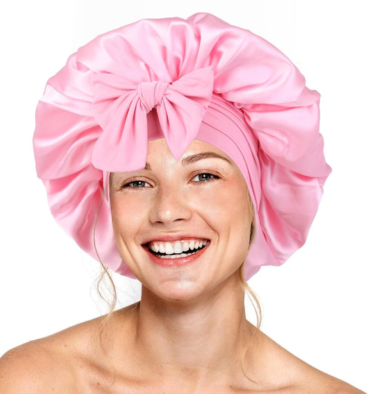 Silk Double Layer Satin Hair Bonnet with Elastic Tie Band for Curly Hair - Adjustable, Pink