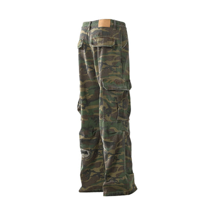 Retro Tattered Jeans Personalized Camouflage Workwear Casual Pants