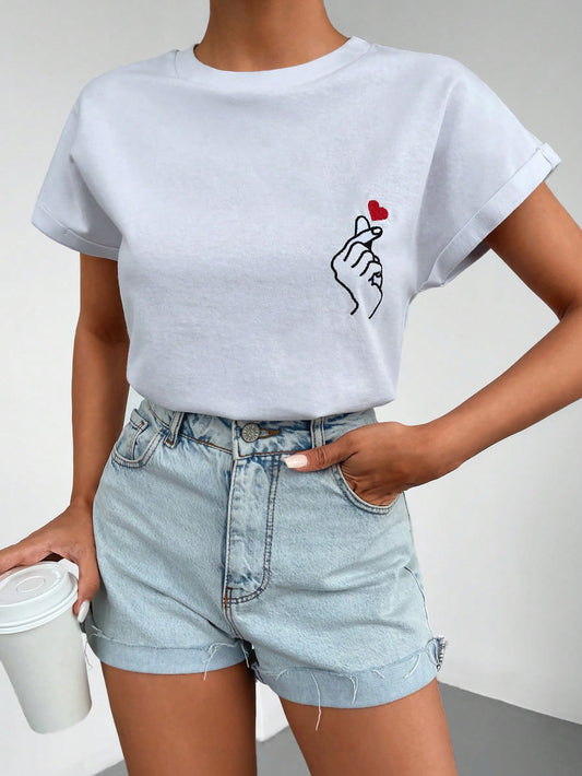 Heart & Hand Print Batwing Sleeve Tee