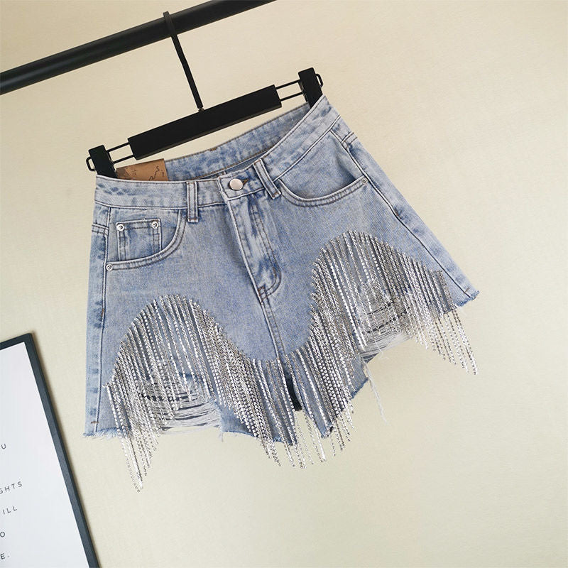 Fringed Chain Jeans Women's High Waist Slim Se Xy Shorts European And American Style Heavy Industry Beading Tide