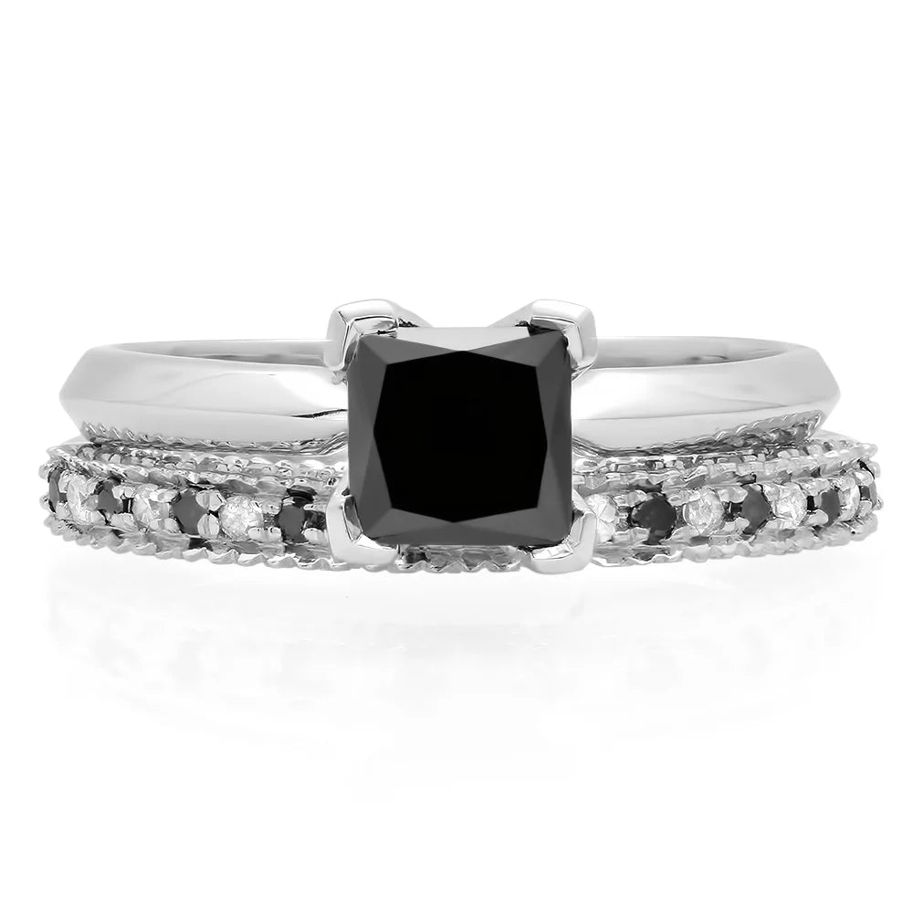 Collection 1.50 Carat (Ctw) 14K Black & White Diamond Solitaire Engagement Ring Set 1 1/2 CT, White Gold, Size 4