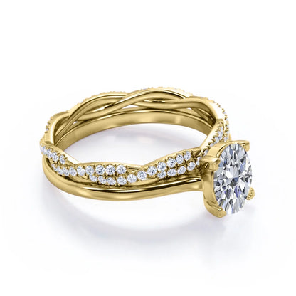 4 Prong Set - 1.75 Carat Oval Shape - Pave Twisted Shank Wedding Set - 18K Yellow Gold Plating over Silver (CUSTOMIZE YOUR WEDDING RING BAND)