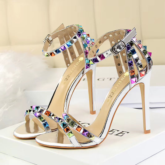 Summer Women 11Cm High Heels Rivets Studded Sandals Lady Sandles Stiletto Gladiator Pumps Stripper Fetish Open Toe Luxury Shoes