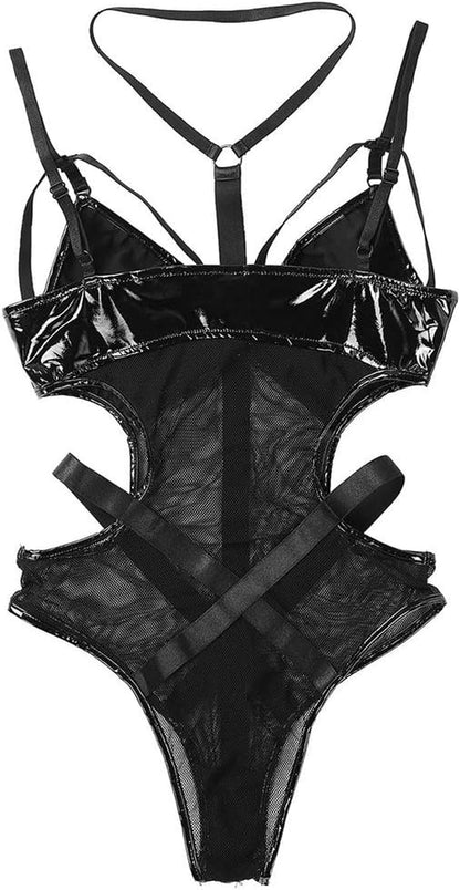 Women’S Wet Look Lingerie Leather Bodysuit Mesh Patchwork Halter Neck High Cut Leotard Bodysuit Clubwear
