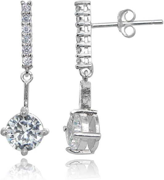 Sterling Silver Cubic Zirconia Round-Cut Encrusted Bar Statement Dangle Drop Earrings
