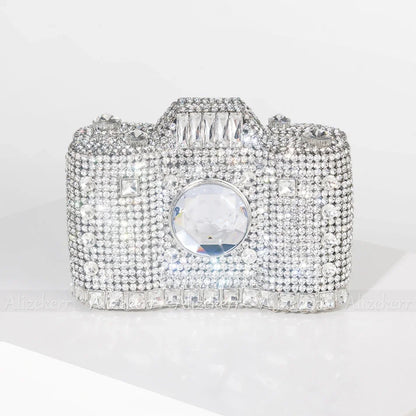Camera Shaped Diamond Evening Clutch Bags 2024 New Boutique Novelty Metallic Rhinestone Purses and Handbags Bridal Wedding Party