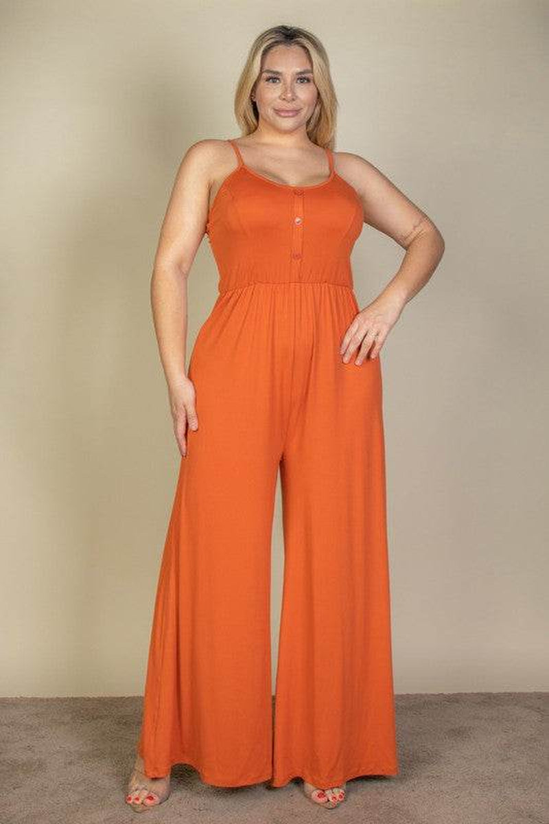 Chic Plus Size Button Front Wide Leg Jumpsuit for Effortless Style - Alrickas’ UNIQUE BOUTIQUE