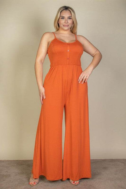 Chic Plus Size Button Front Wide Leg Jumpsuit for Effortless Style - Alrickas’ UNIQUE BOUTIQUE