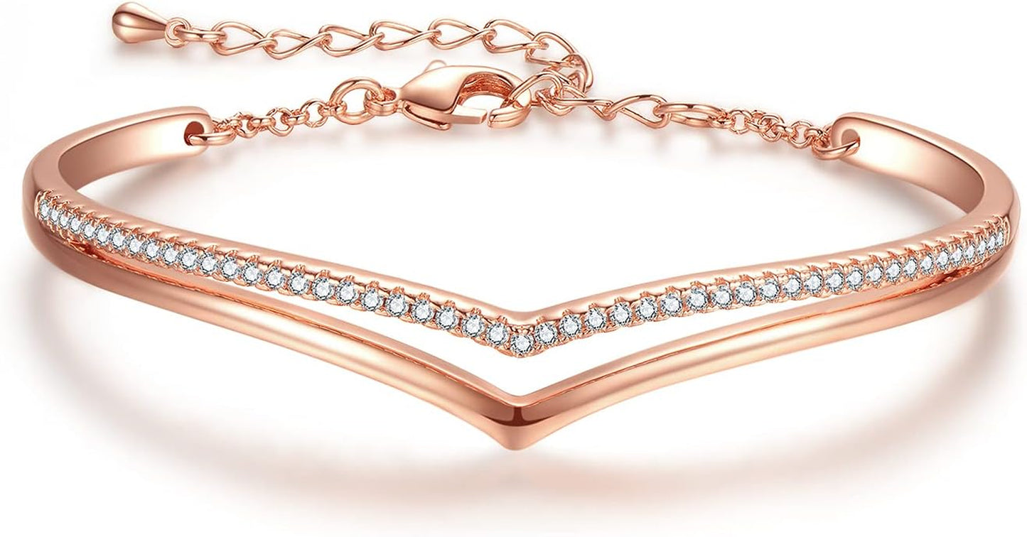 Minimalistic Bracelets for Women White/Rose Gold Plated Charm Silver Tone Bracelet 5A Cubic Zirconia Jewelry Christmas Birthday Valentine Mother'S Day Gifts for Mom Women Wife Her