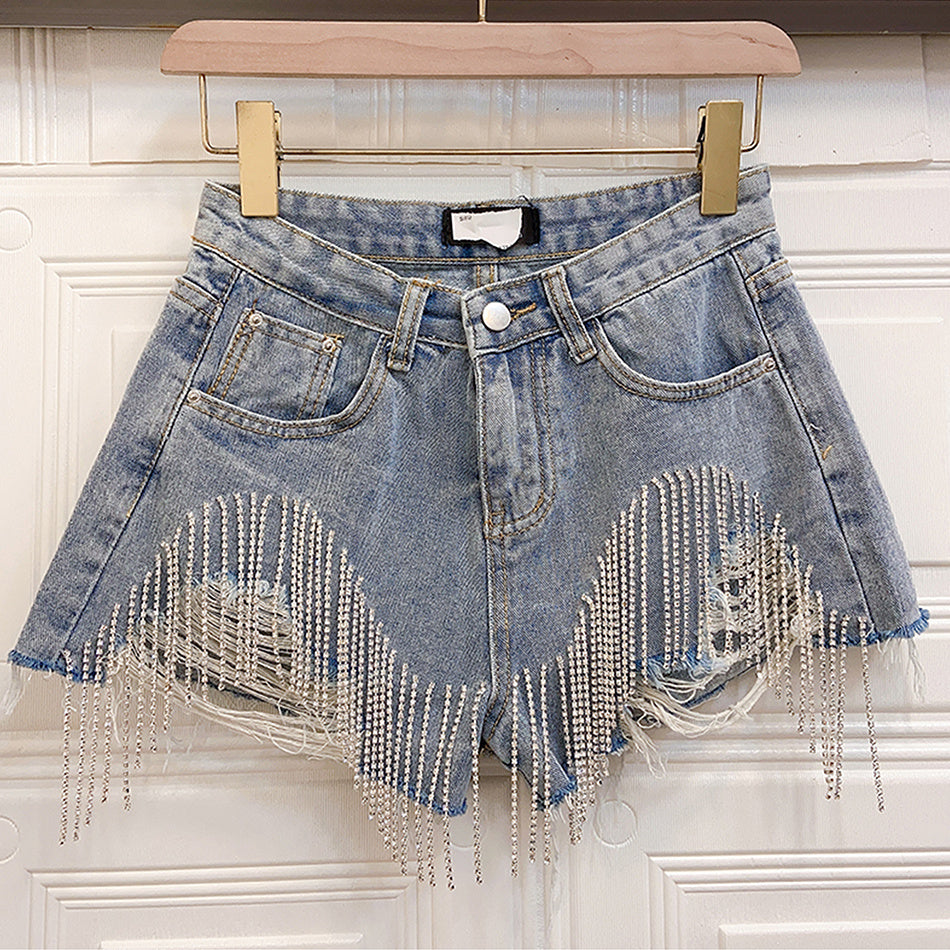 Fringed Chain Jeans Women's High Waist Slim Se Xy Shorts European And American Style Heavy Industry Beading Tide